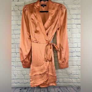 Lulu's Glow Forever Peach Pink Long Sleeve Ruffled Wrap Party Mini Dress S